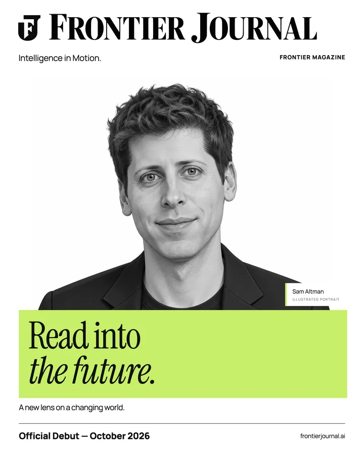 Frontier Journal editorial concept featuring an illustrated Sam Altman portrait and Read into the future cover line